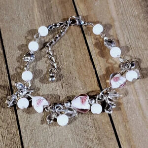 Vintage Murano Glass Beads White Silver Charm Bracelet Style H